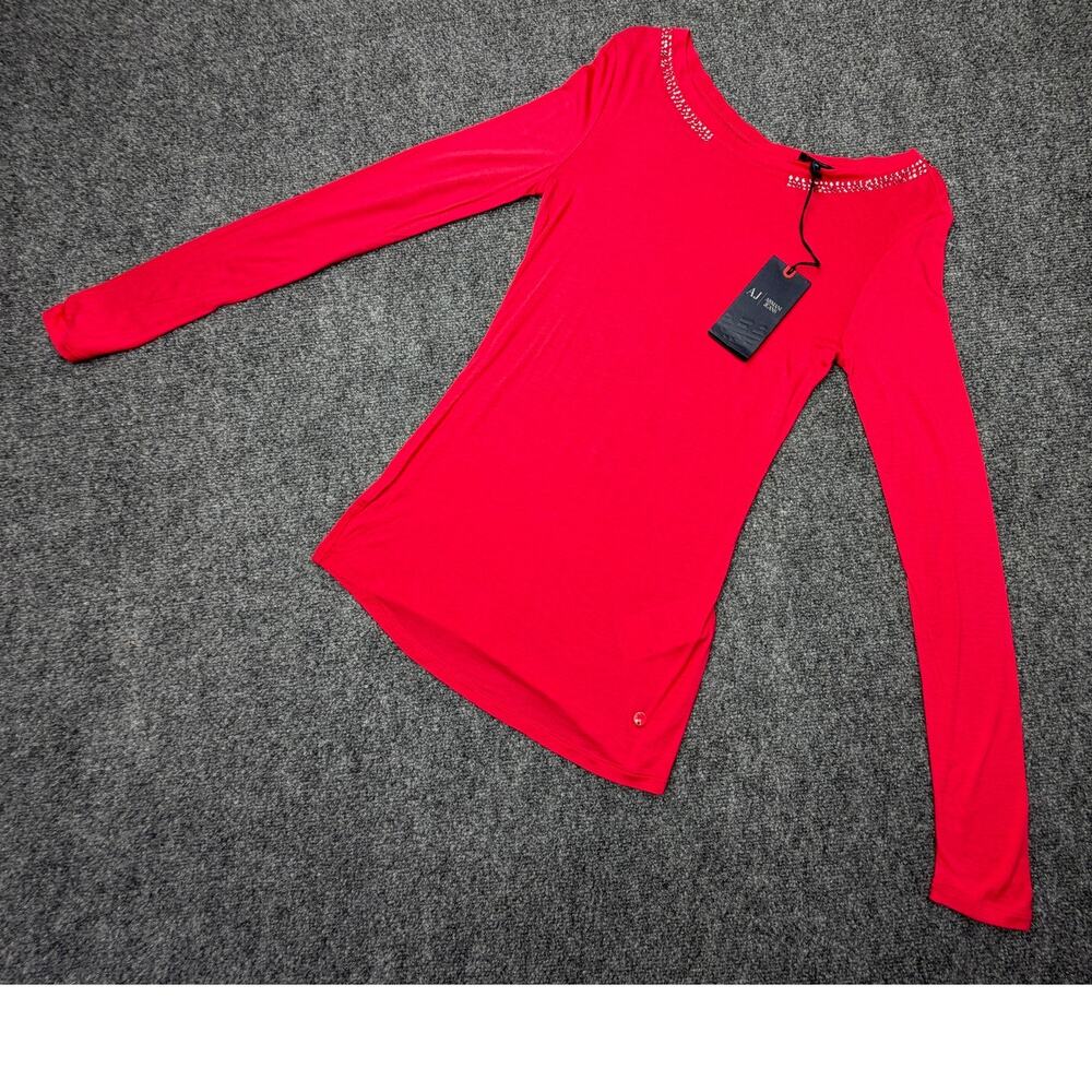 Armani Jeans Womens XS Red Rhinestone Neck Long Sleeve Jersey Top NWT NEW